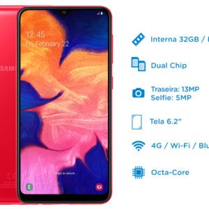 Smartphone Samsung  Galaxy A10 32GB  Vermelho 4G – 2GB  RAM 6,2” Câm. 13MP  + Câm. Selfie 5MP